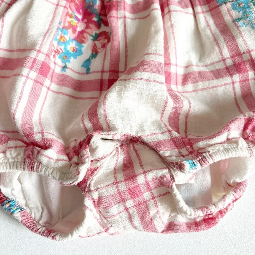 Ralph Lauren Baby Girls Pink Plaid Floral Cottagecore Bubble Romper Size 9M